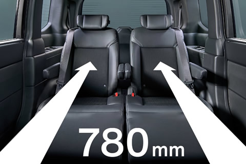 Sliding range (front and rear) when in centered position. The second-row OTTOMAN SEAT functions as a premium seat, allowing occupants to adjust its angle to personal preference, stretch out their leg, fully relax. With the new design, a single control lever enables effortless operation supporting not only front-to back movement but also side-to-side sliding
